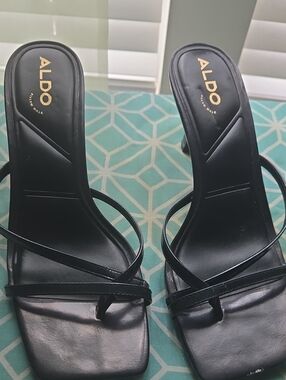 Aldo Black Strappy Square-Toe Heeled Sandals
